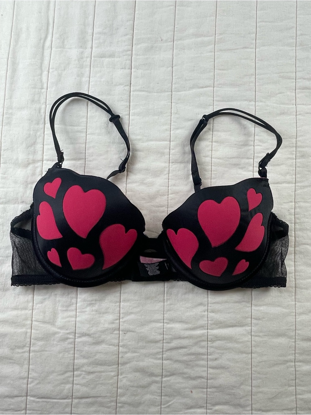 Victoria's Secret Sexy Little Things Black Bra with Hot Pink Heart Print 34B